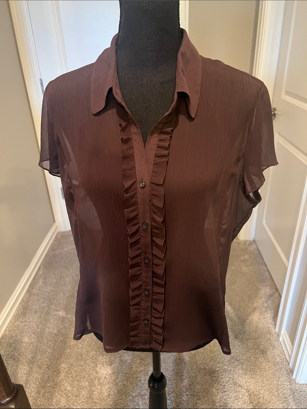 Worthington Brown Ruffle-Front Short Sleeve Blouse